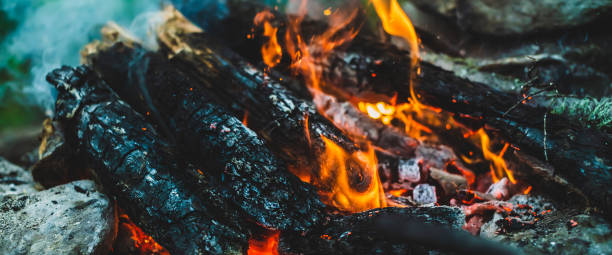 istock Vivid smoldered firewoods burned in fire close-up. Atmospheric warm background with orange flame of campfire and blue smoke. Unimaginable full frame image of bonfire. Burning logs in beautiful fire. 1679198200