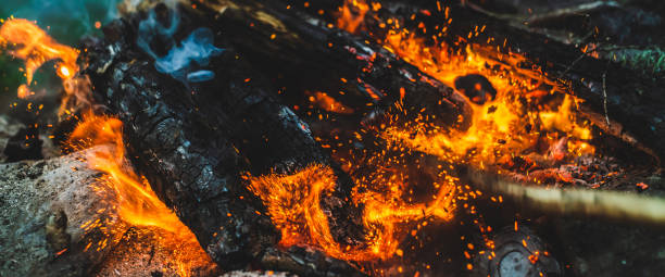 istock Vivid smoldered firewoods burned in fire close-up. Atmospheric background with orange flame of campfire and blue smoke. Warm full frame image of bonfire. Glowing embers in air. Bright sparks in bokeh 1679198202