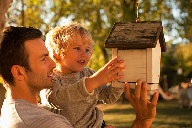 ojciec i syn sprawdzać budka dla ptaków - birdhouse zdjęcia i obrazy z banku zdjęć