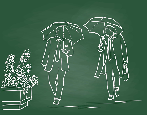Two business men walking down the street on a rainy day.  Illustration