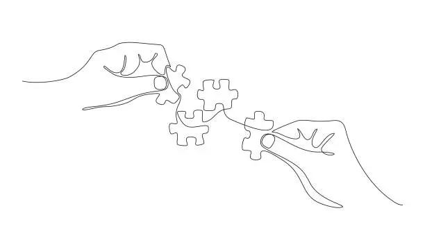 Vector illustration of Continuous line drawing of hands solving puzzle pieces, jigsaw. Hands connecting puzzle pieces. One line drawing for Business matching, teamwork concept, business metaphor of solving problem, strategy