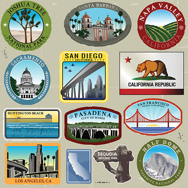 illustrazioni stock, clip art, cartoni animati e icone di tendenza di ultra styliezed california travel francobolli - label travel san diego california california