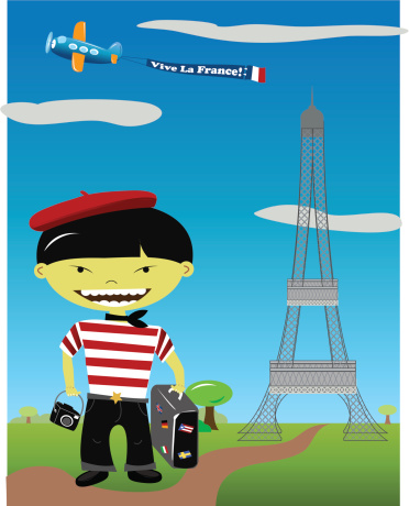 A cute asian boy wearing a berret and a traditional tango dancers outfit holding a suitcase and a camera; smiling in front of the Eiffel Tower.