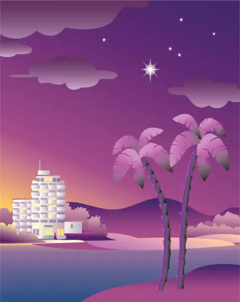 Vector illustration of Paradise hotel by night