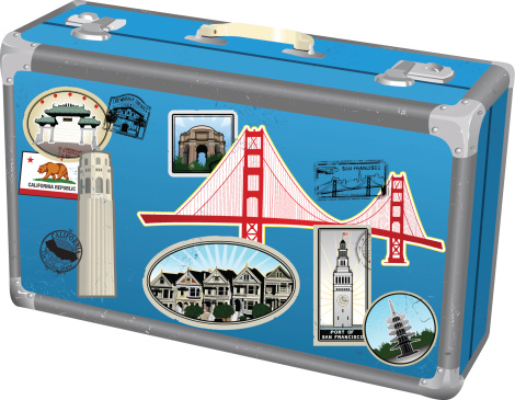 Series of stylized San Francisco landmarks rendered as retro travel stickers on a beaten up retro suitcase. Lots of distress and grunge effects. Great for an old world vintage look.