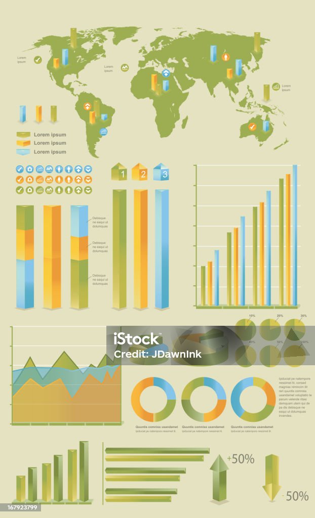 Infographic set of elements including map Vector illustration of a set of infographic elements. Elements include sample text and numbers, bar charts, pie charts, line graphs, icon set, up and down arrows, and world map. Download includes Illustrator 10 eps with transparencies, high resolution jpg and png file. Adult stock illustration