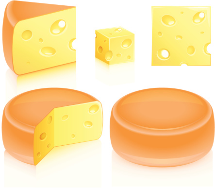A cheese wheel and four slices.