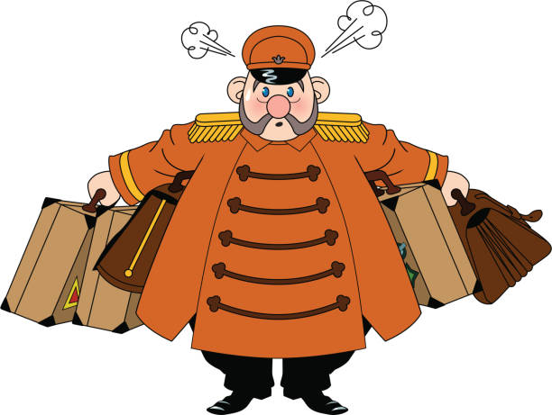 Fat Bellhop Vector Illustration of a fat Bellhop tired with the heavy luggage service. doorman stock illustrations