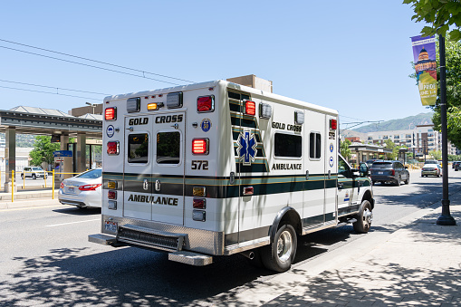 Ambulance on Cambridge Street in Boston, Massachusetts, USA.