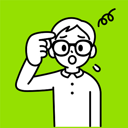 Minimalist Style Characters Designs Vector Art Illustration.
A studious boy with Horn-rimmed glasses points his index finger at his head in confusion, looking at the viewer, minimalist style, black and white outline.
