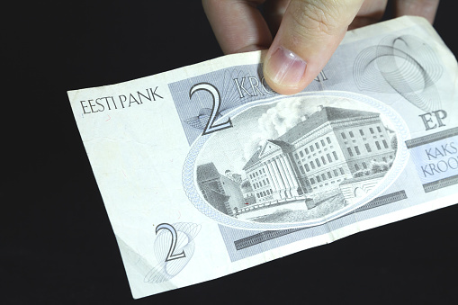 Picture of a banknote of two estonian crowns. The kroon was the official currency of Estonia for two periods in history: 19281940 and 19922011. Between 1 January and 14 January 2011, the kroon circulated together with the euro, after which the euro became the sole legal tender in Estonia. The kroon was subdivided into 100 cents.