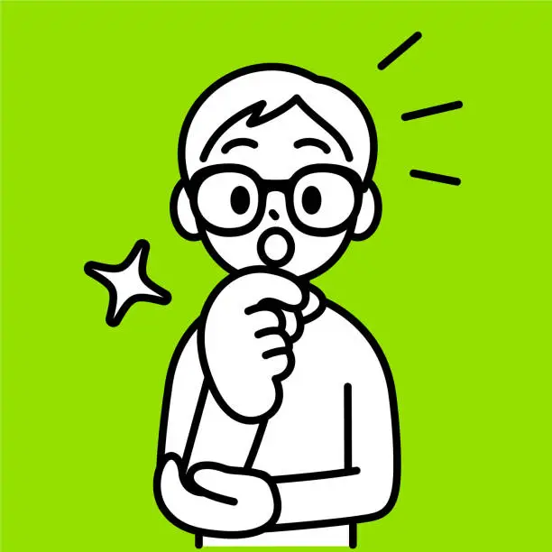 Vector illustration of A studious boy wearing Horn-rimmed glasses with one hand on his chin, talking and looking at the viewer, minimalist style, black and white outline