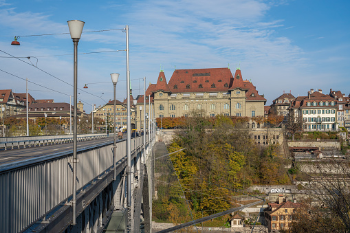 Bern, Switzerland - Nov 25, 2019: Kirchenfeld Bridge and Casino Bern - Bern, Switzerland