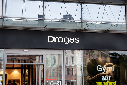 Picture of a sign with the logo of Drogas on one of their stores in Riga, Latvia. Drogas stores are selling cosmetics, healthcare items, household products and health food.