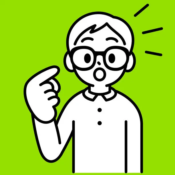 Vector illustration of A studious boy with Horn-rimmed glasses points his index finger to himself, looking at the viewer, minimalist style, black and white outline