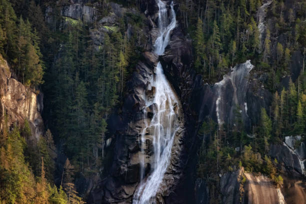 Shannon Falls in Squamish, BC, Canada. Canadian Nature Background. Sunny winter Sunset