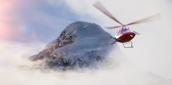 Helicopter flying over the Rocky Mountains during a colorful sunset. Landscape from BC, Canada near Squamish and Whistler. Epic Adventure Composite. 3D Rendering Heli. 3D Illustration