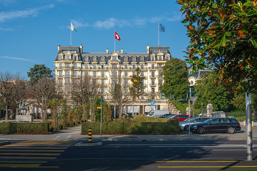 Lausanne, Switzerland - Dec 04, 2019: Beau-Rivage Palace Hotel at Ouchy Promenade - Lausanne, Switzerland