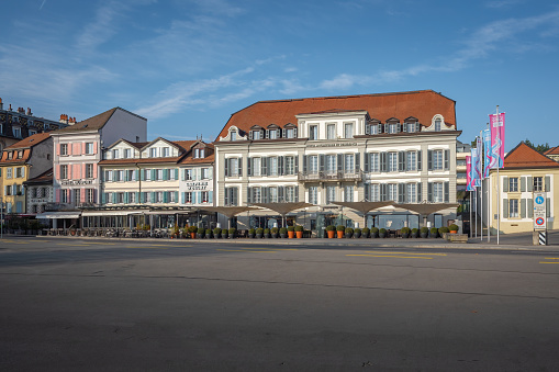 Lausanne, Switzerland - Dec 04, 2019: Hotels at Ouchy Promenade - Lausanne, Switzerland