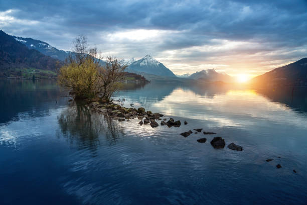 니센(niesen)과 함께하는 툰 호수(lake thun at sunset) 운터젠(unterseen)에서 바라본 알프스 산맥 전망 - 인터라켄, 스위스 - thun 뉴스 사진 이미지