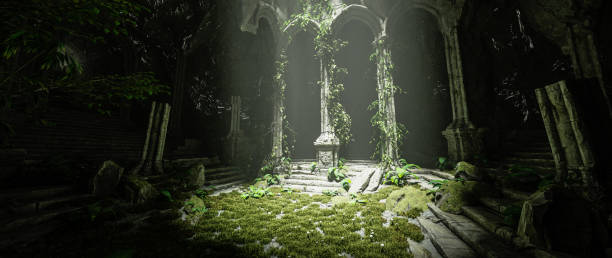 istock 3D illustration rendering. Dark old ruined sanctuary 1679363613