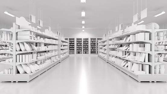 3D Rendering. Store interior supermarket with shelf shelves.