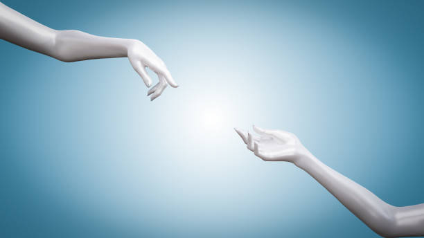 istock Abstract White woman hands 3d showing isolated on blue. 3d illustration 1679363622