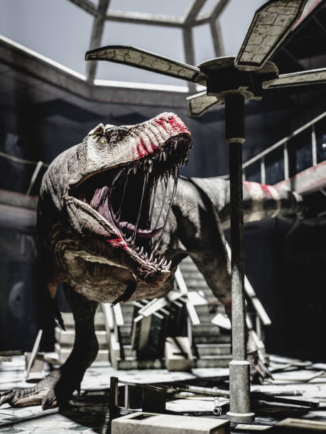 istock T-Rex dinosaur inside an abandoned building. 3D illustration rendering 1679364650