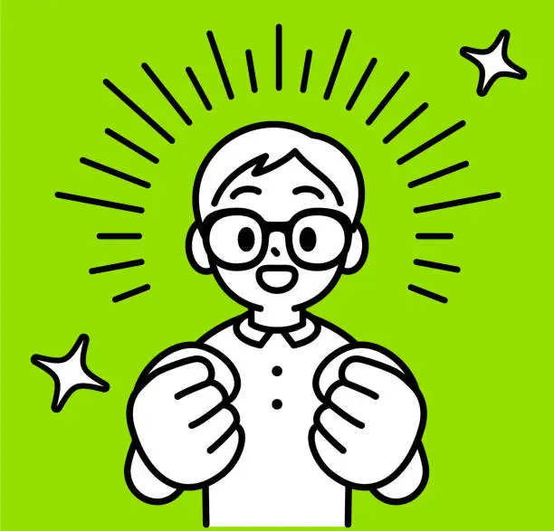 Vector illustration of A studious boy wearing Horn-rimmed glasses clenches his fists, cheering himself up and feeling confident, looking at the viewer, minimalist style, black and white outline, Fueled by Knowledge, The Academic Warrior, Education Empowers