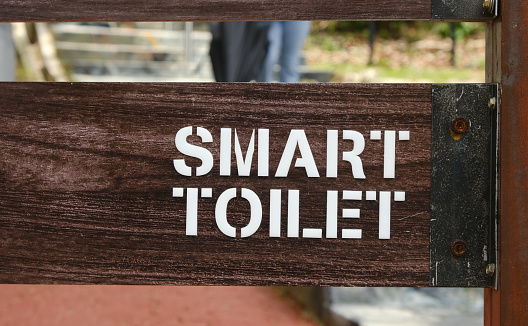 Selective focus picture of smart toilet word on wood.