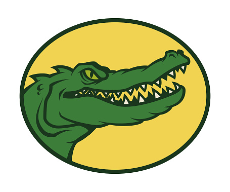 Stylized head of an alligator crocodile with an open toothy mouth on yellow background in an oval frame - vector illustration, logo, icon, sticker