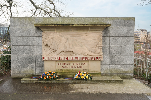 Luxembourg City, Luxembourg - Feb 3, 2020: Monument to the heroes of the armed forces who died for their country in World War II at Cannon Hill - Luxembourg City, Luxembourg