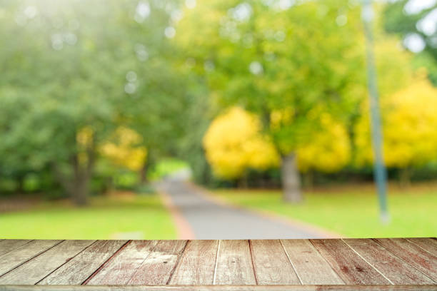 istock Wood textured tabletop against meadow background. 1679407488