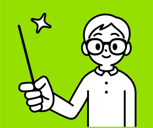Vector illustration of A studious boy with Horn-rimmed glasses, holding a conductor's baton or a teacher's pointer stick, smiling and looking at the viewer, minimalist style, black and white outline