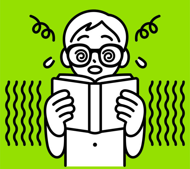 прилежный мальчик в очках в роговой оправе испытывает трудности с чтением, минималистичным стилем, черно-белым контуром - homework headache studying learning stock illustrations