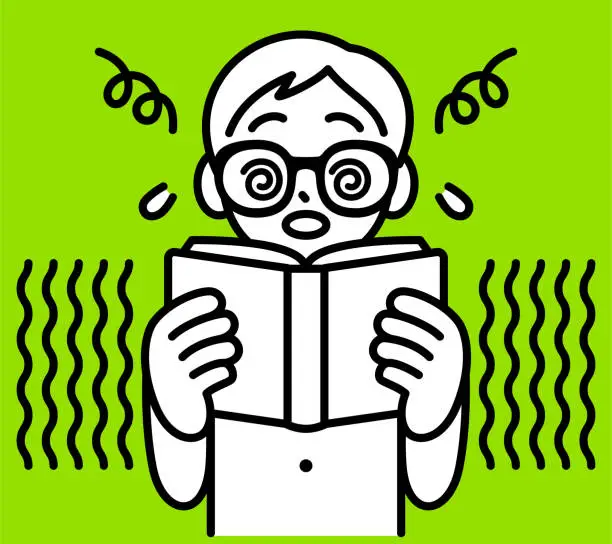 Vector illustration of A studious boy with Horn-rimmed glasses has trouble reading, minimalist style, black and white outline