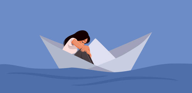 istock Sad Woman Sitting Alone in a Paper Boat Depression Concept Illustration 1679484568