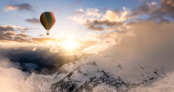 Canadian Nature Aerial Landscape with Hot Air Balloon Flying. 3D Rendering aircraft. Mountain View from British Columbia, Canada.