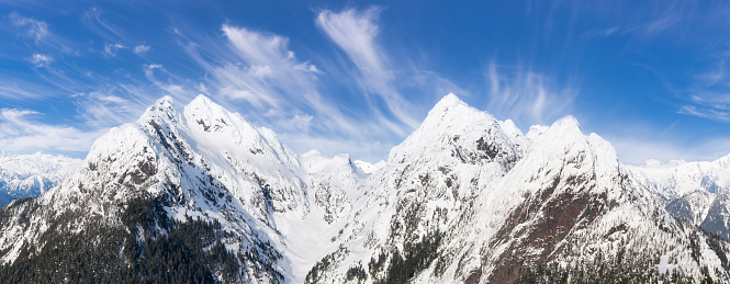 Aerial Panoramic View of Golden Ears Mountain Peaks covered in Snow. Nature Background near Vancouver, British Columbia, Canada.