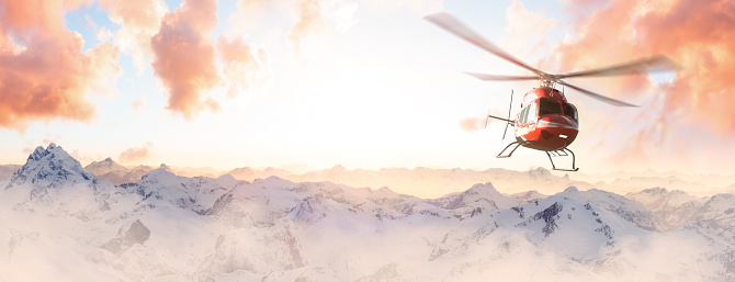Helicopter flying over the Rocky Mountains during a colorful sunset. Landscape from BC, Canada near Squamish and Whistler. Epic Adventure Composite. 3D Rendering Heli. 3D Illustration. 3D Illustration
