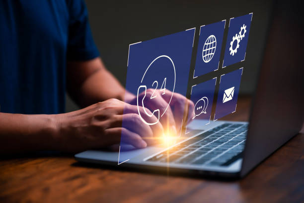istock Customer rating and satisfaction concept, Man using laptop and touch virtual screen for give five star symbol to increase rating of product and service concept. 1679514508