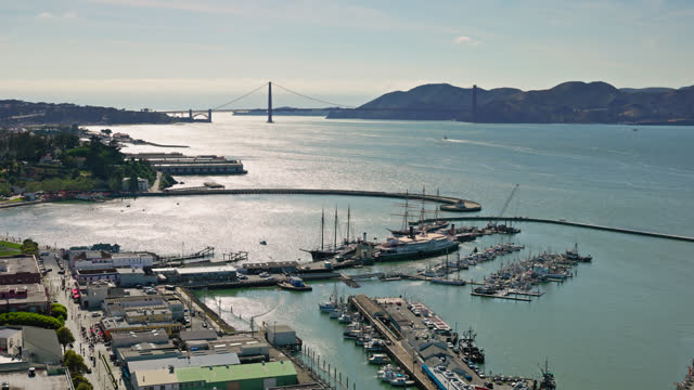 Drone Flight Over Fisherman's Wharf Towards the Golden Gate Bridge