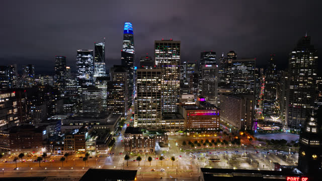 Drone Shot of the Embarcadero, Market Street and Mission Street in San Francisco at Night