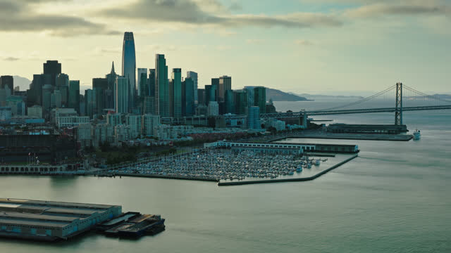Aerial View of San Francisco from Over Pier 50 at Sunset