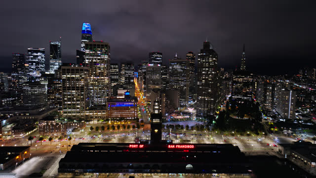 Aerial Shot of the San Francisco Ferry Building and Market Street at Night