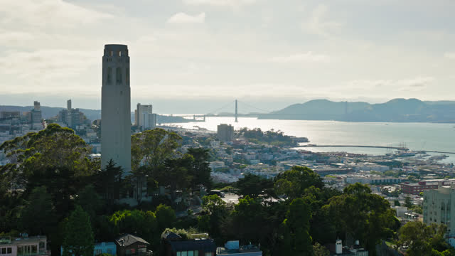 Alcatraz Island and Golden Gate Bridge from Beside Coit Tower - Aerial