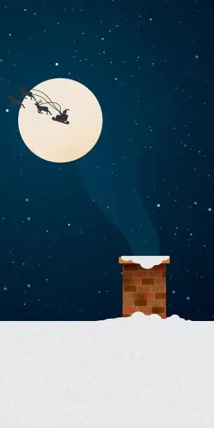 Vector illustration of Brick chimney and smoke on the roof which cover by snow in christmas night have Santa Clause's sleigh flying through fullmoon background vertical vector illustration. Merry Christmas and Happy New Year greeting card template.