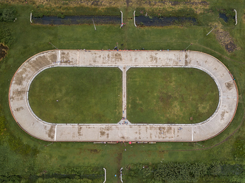 aerial view, circular roller skating track, located next to the Sultan Agung stadium in Bantul, Indonesia.