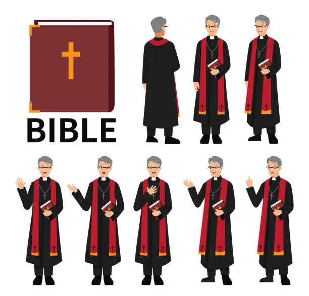 Vector illustration of Catholic priest character set, smiling and speaking. Isolated vector illustration of religious professions.