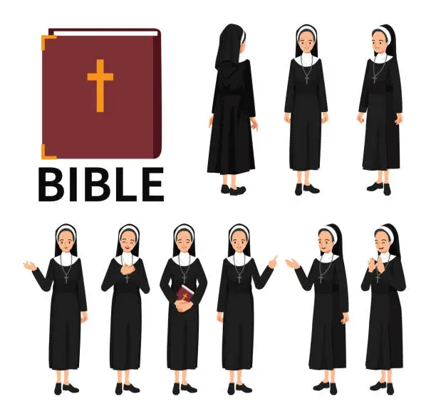 Vector illustration of Catholic nun character set, smiling and speaking. Isolated vector illustration of religious professions.